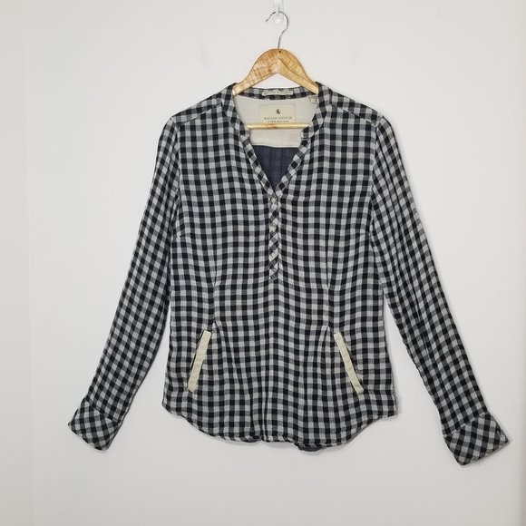 Scotch & Soda Tops - Maison Scotch Blue Navy Button Down Leather Trim Gingham Plaid Blouse Size 2